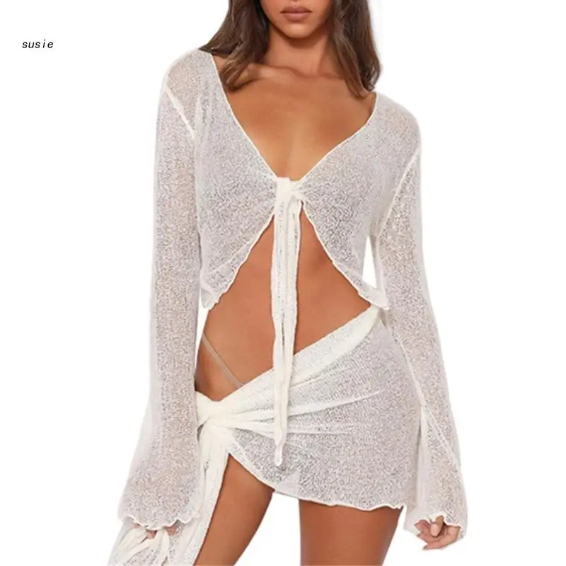 Womens 2 Piece Cover Up See Through Swimsuit Sheer Mesh Tie Knot Long Sleeve Crop Top and Mini Wrap Skirt Sarong Outfit