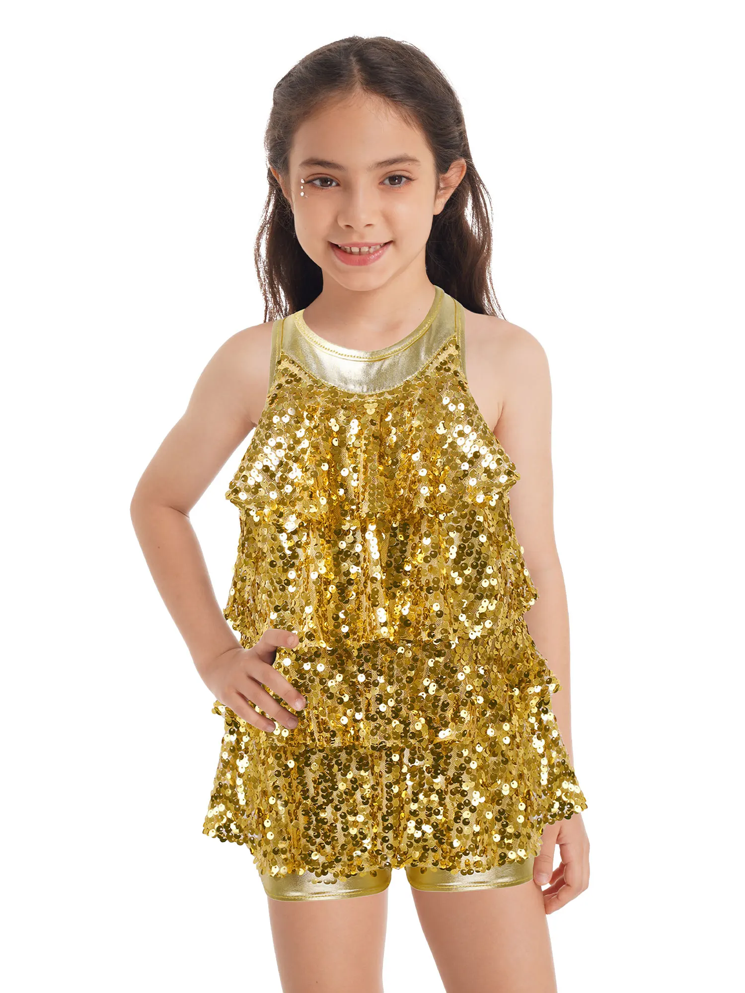 Kids Gymnastics Latin Jazz Dance Costume Shorty Halter Shiny Sequins Dress Baby Girls Ballet Leotard Stage Performance Costume