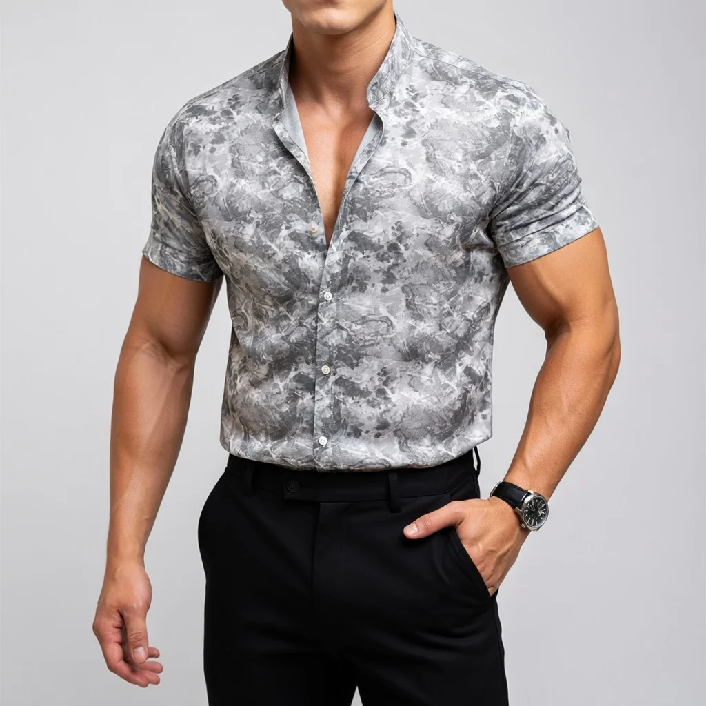 

Trendy Camouflage Printed Short-sleeved Men Shirts Summer Flax Breathable Stand Collar Man Shirt Luxury Outdoor Mens Clothing