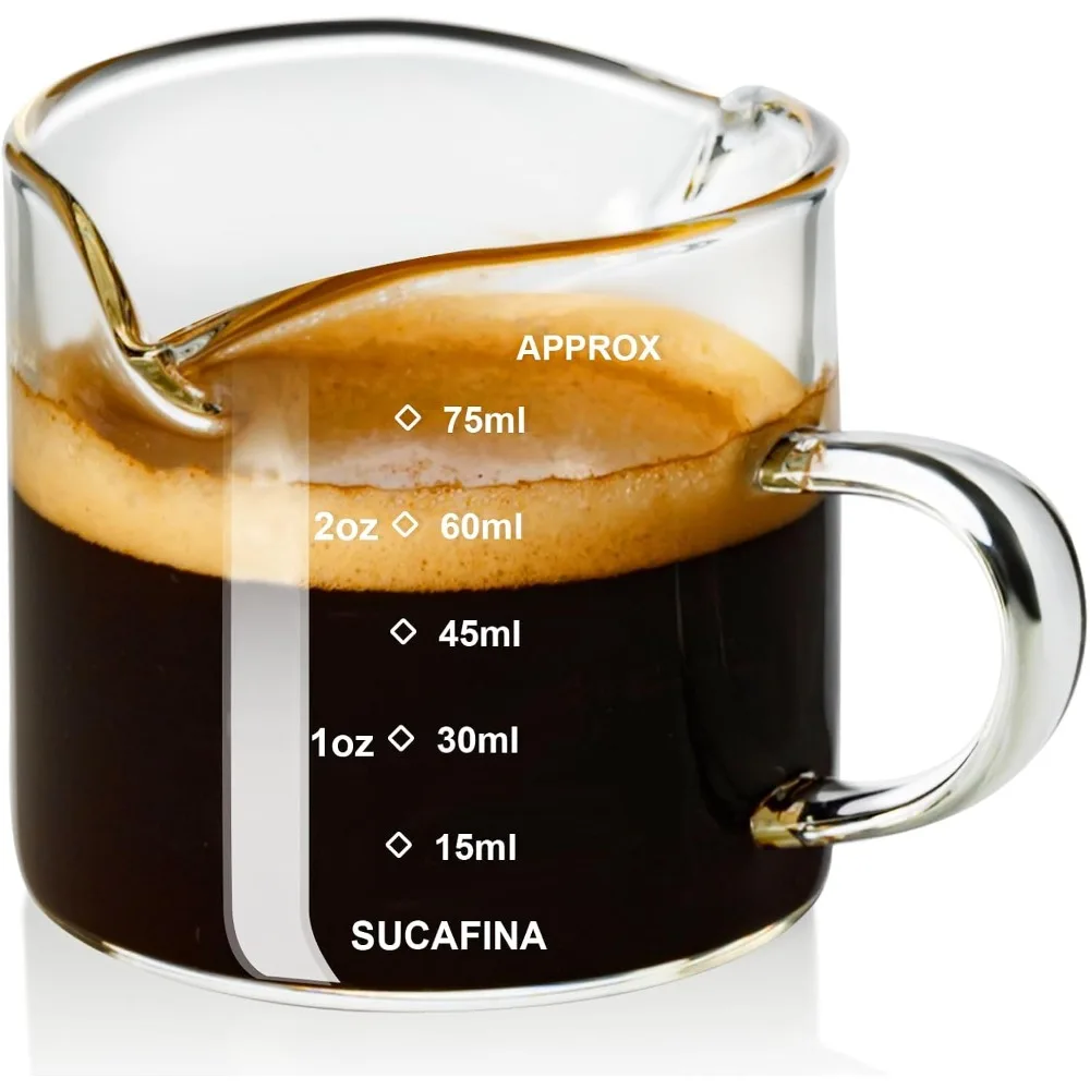 Clear Glass Espresso Cup with Handle 2.5 Ounce Double Spout Barista Measuring Cup for Coffee and Espresso with V-Shaped Mouth Dual Scale Measurement in Ounces and Milliliters Professional Coffee Accessories and Tools for