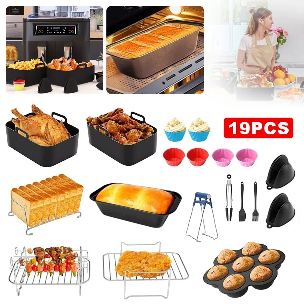 19-teiliges Heißluftfritteuse-Zubehör-Set, Antihaft-Hitzebeständige Silikonformen, Backbleche, Cupcake-Formen, Spülmaschinenfest für Ölfreies Backen und Braten