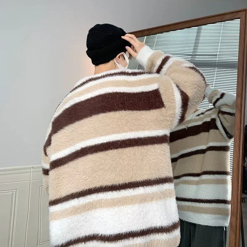 

Thiened Men's Camere Striped Sweater Autumn Winter Knittedwear Lazy Sle Oversize Comfortable Soft Polyester Long Sve