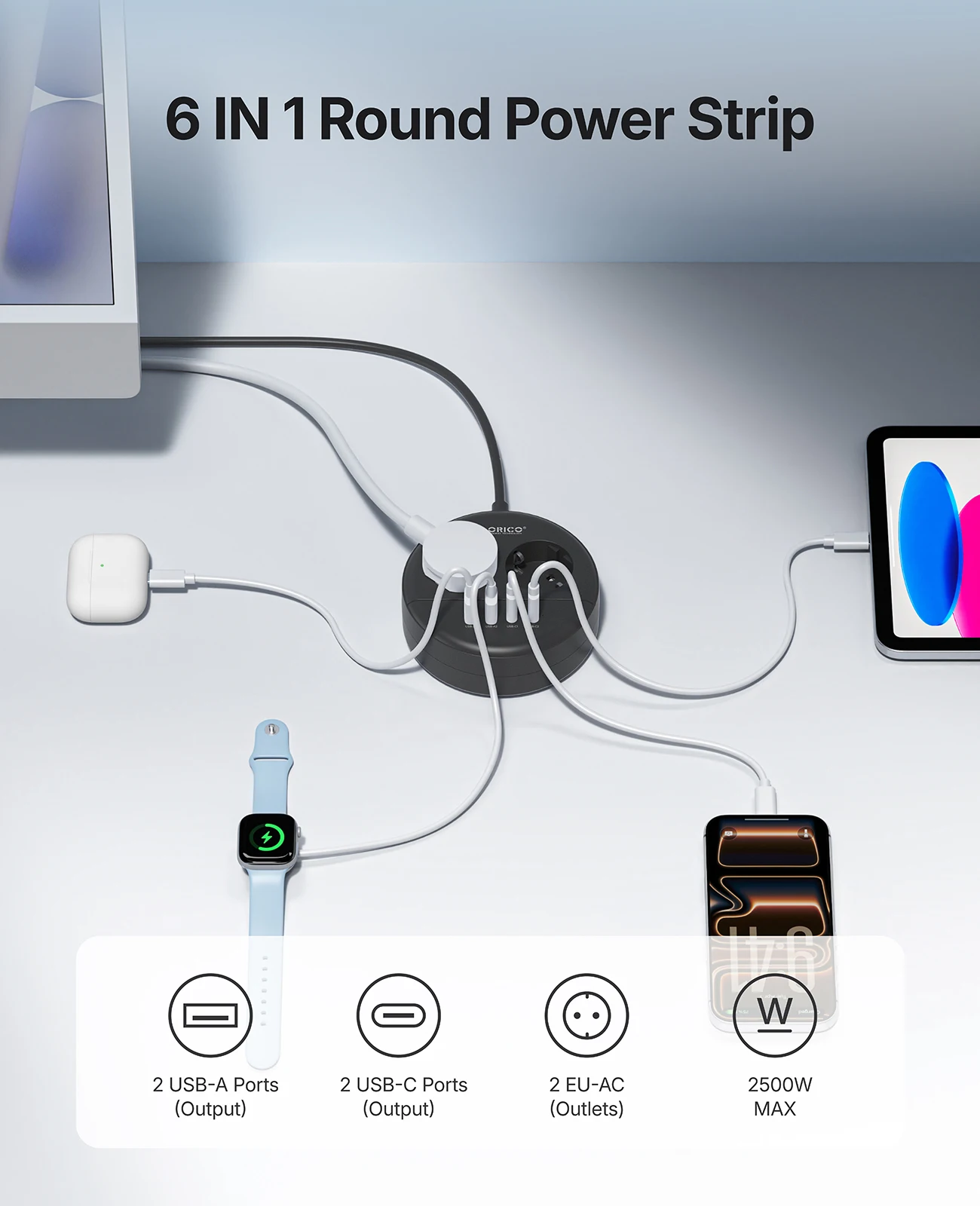 ORICO Round EU Plug Power Strip 2 AC Outlets 2 USB-A 2 USB-C PD 20W Fast Charging Extension Socket Multi Plug Adapter 1.5M/3M Co
