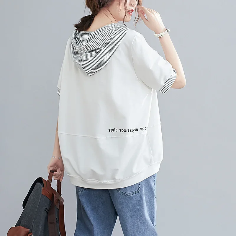 Womens Short-sleeved Hoodies Oversized Korean Loose T-shirt Literary Striped Drawstring Hooded Stitching Printed T-shirt Summer