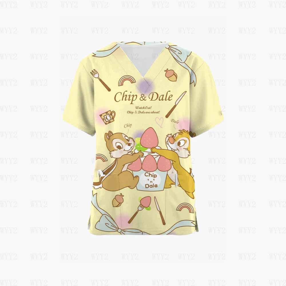 Summer Disney Chip & Dale print V-neck T-shirt women's pocket short-sleeved nurse uniform dentist work uniform surgical uniform