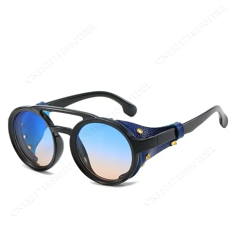 Sunglasses Windproof Mountaineering Steampunk Round Eyewear For Men With Leather Side Gogglesuv400 Cycling Riding Glasses