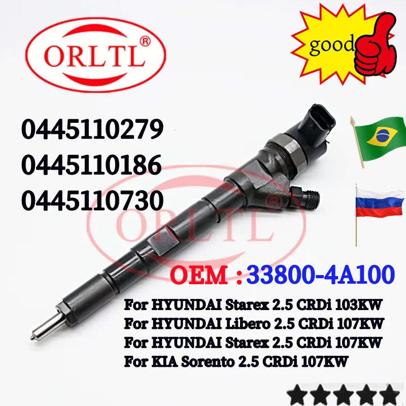 

0445110186 0445110279 0445110730 Common Rail Injector 33800-4A100 For HYUNDAII Starex Libero KIA Sorento 338004A100 ORLTL