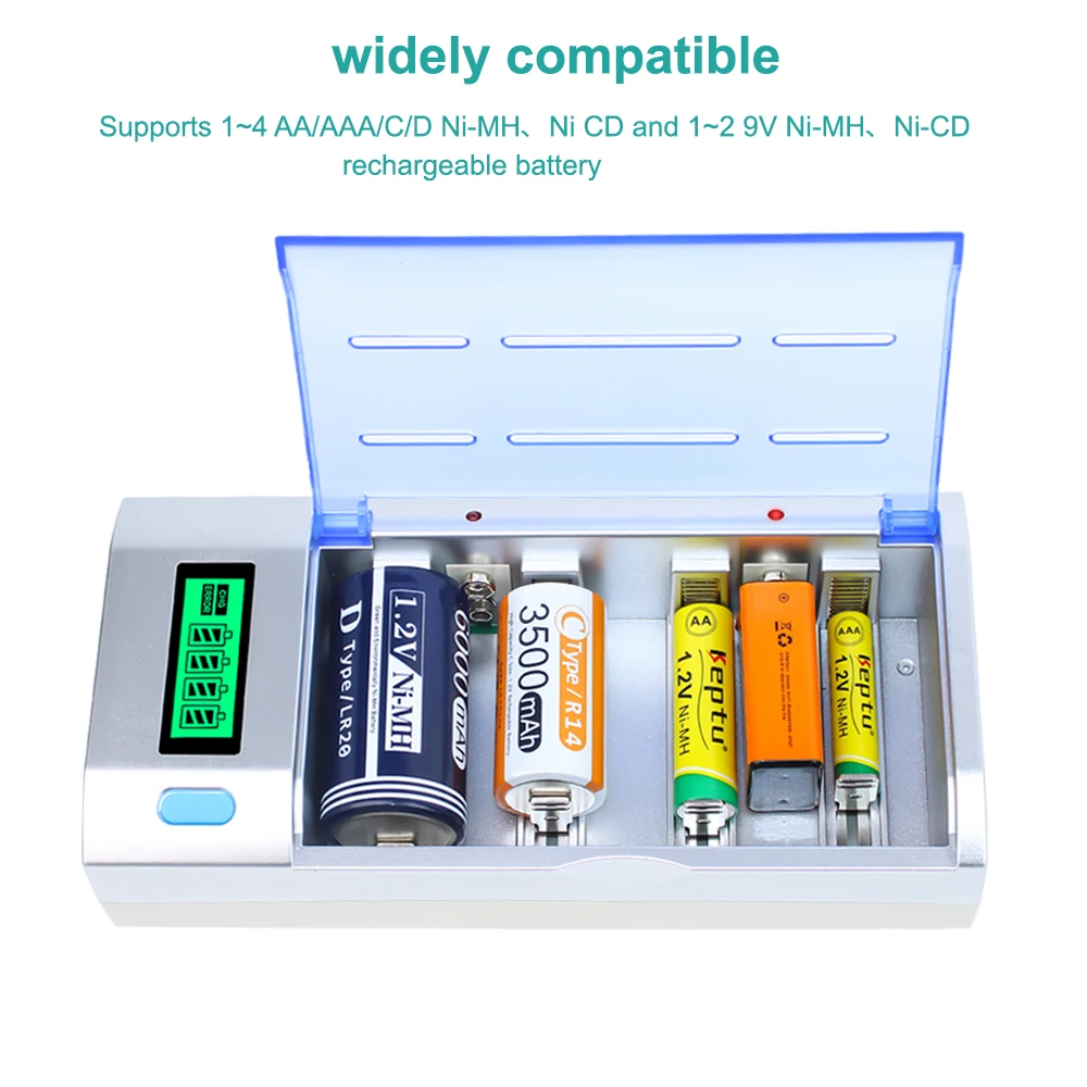 LCD Smart Quick Battery Charger for 1.2v C D AA AAA 9V NiMH NiCD Rechargeable Batteries with Refresh Function