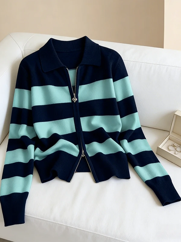 

plus Size Women's Fashion Striped Knitwear Casual Collared Thickened Spring New Style Outerwear Korean Style Long Sleeve Card...