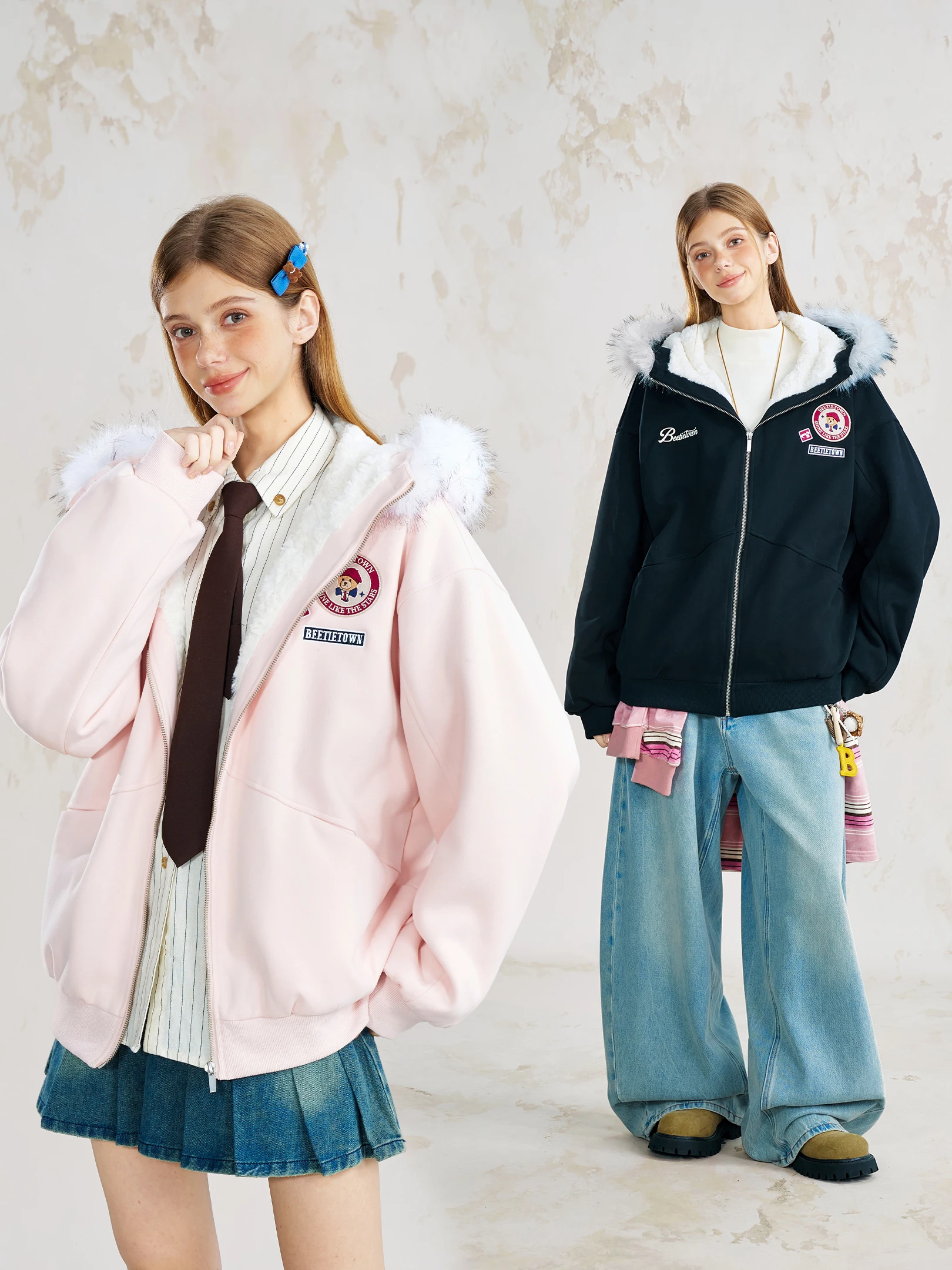 

Beetle Town Thiened Removable Fur Collar Women's Cotton Jaet Coat Sweet Sle Loose Fit Long Sve Zipper Closure