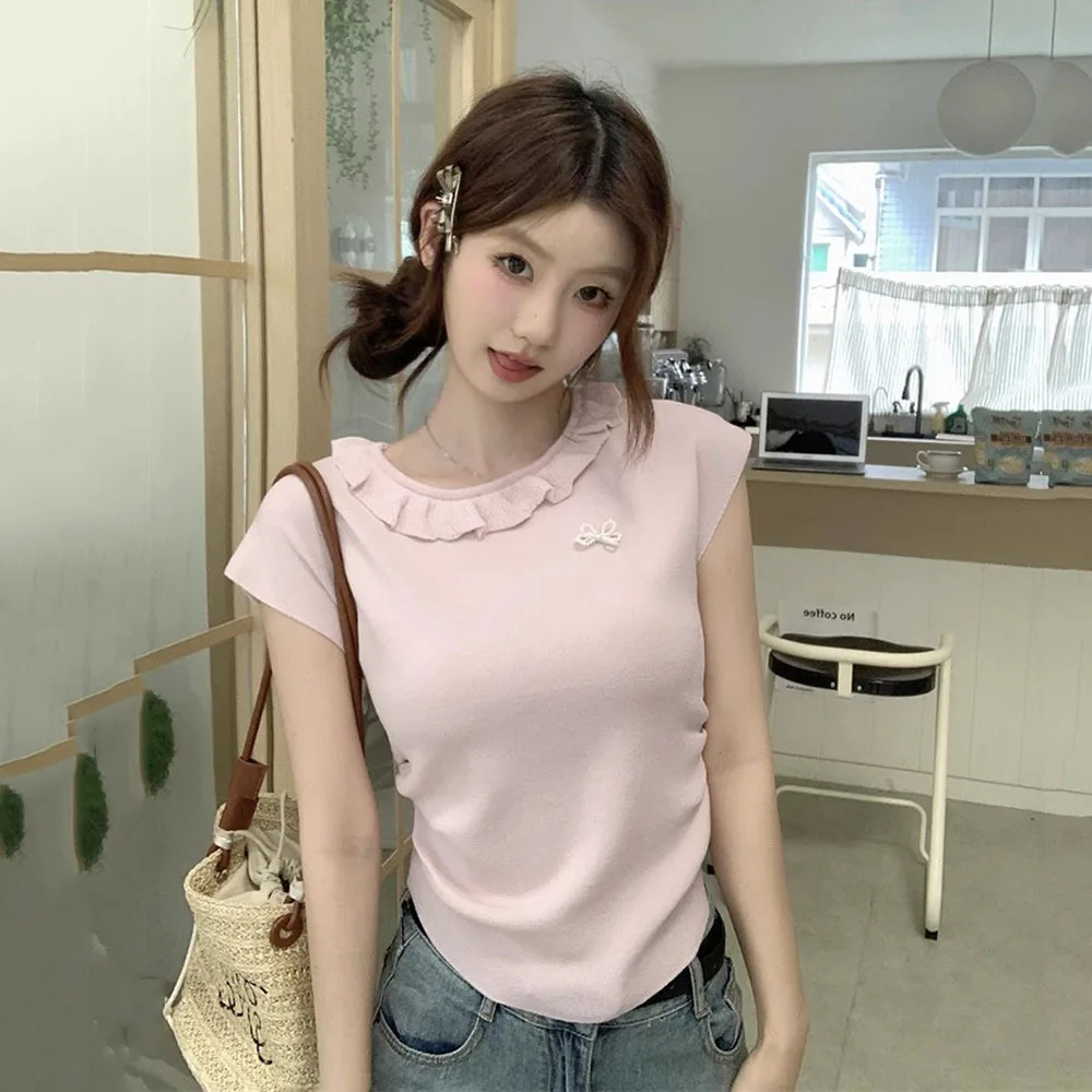 2024 Summer New Thin Sweater Women Fly Sleeve Knitted T Shirt Girly Short Sleeve Knitted Tops Female Clothes Sweet Slim Pullover