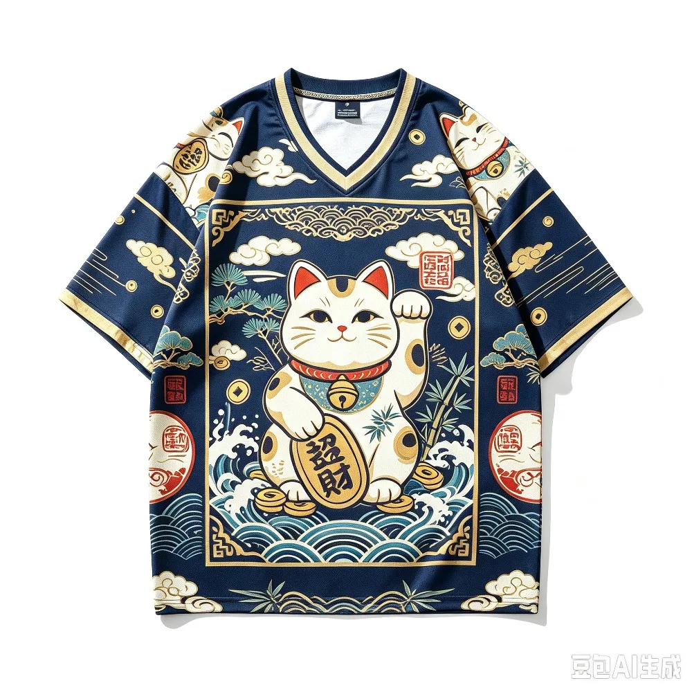 3D-Druck Herren Damen Japanische Glückskatze Maneki Neko Vollprint V-Ausschnitt Jersey T-Shirt Sommer Locker Lässig Streetwear Kurzarm-T-Shirt – Detail 2
