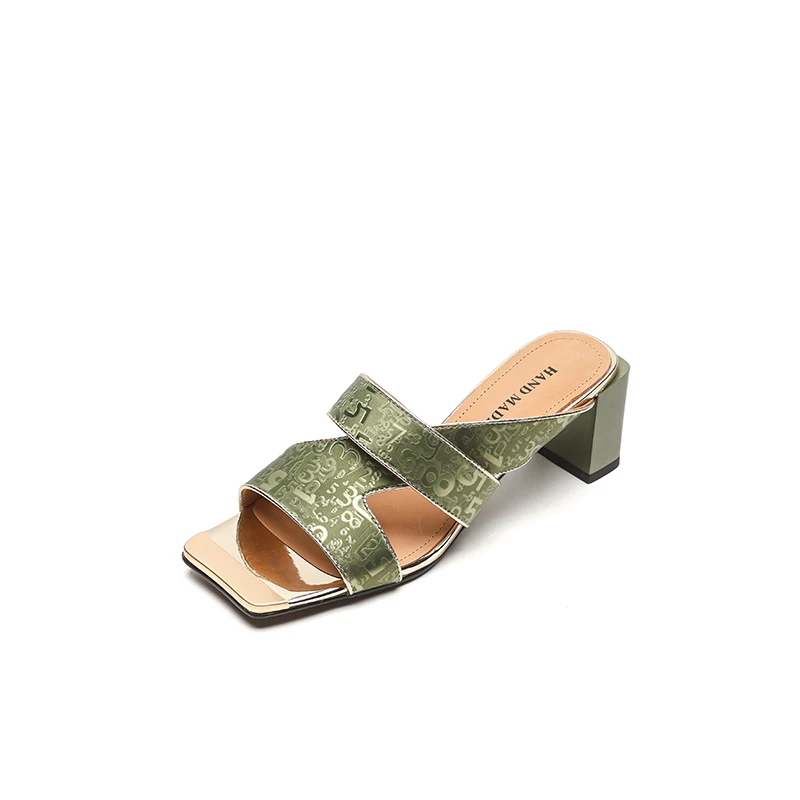

Trendy Women Open Toe Slides 6cm Block Heel Leather Sandals with Number Detail Nude Brown Green