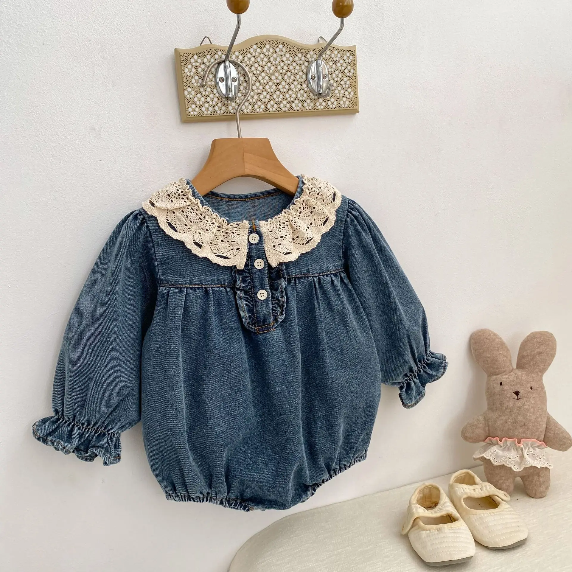 2026 Spring New Baby Long Sleeve Denim Bodysuit Solid Infant Girl Cute Lace Collar Jumpsuit Fashion Toddler Clothes 0-24M