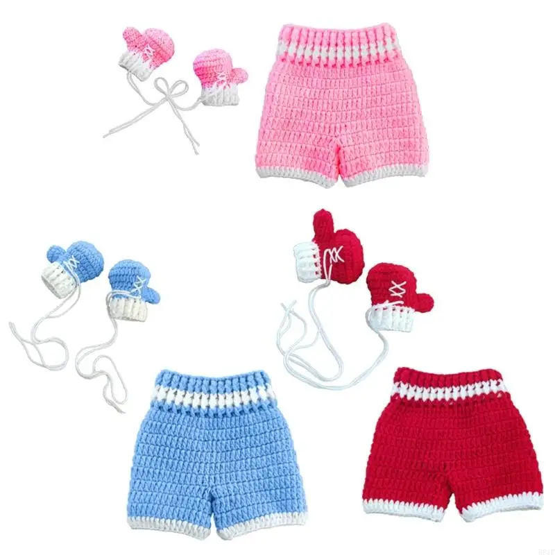 

581F Newborn Photography Set Bath Gift Woven Photography Props Boxing King Blue Red Pink Boxing Suit Handmade Crochet