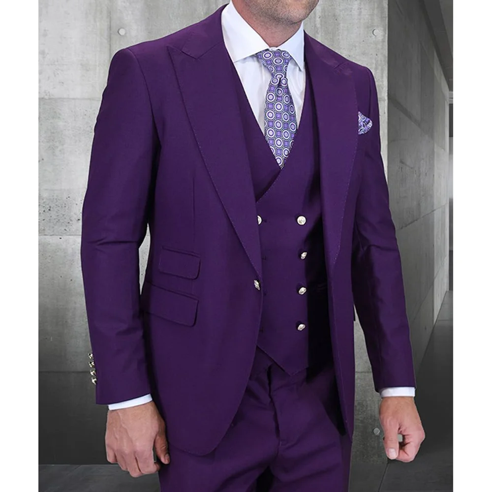

New Style Purplei Wedding Suits Groom Tuxedos Business Men Suit Single-Breasted 3 Pieces Prom Dinner Male Clothing