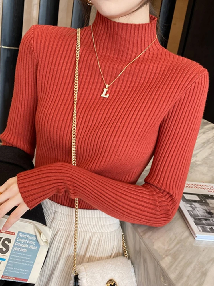 

Autumn and Winter New Women's Semi-turtleneck Long-sleeved Sweater Solid Color Elegant Knitwear Thin Bottoming Shirt