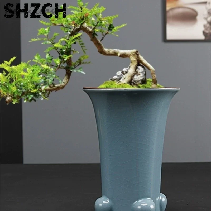 Chinese Orchid Purple Sand Flower Pot Household Indoor Desktop Ceramic Bonsai Pot High Cracked Decorative Flower Pot 1PCS LF540