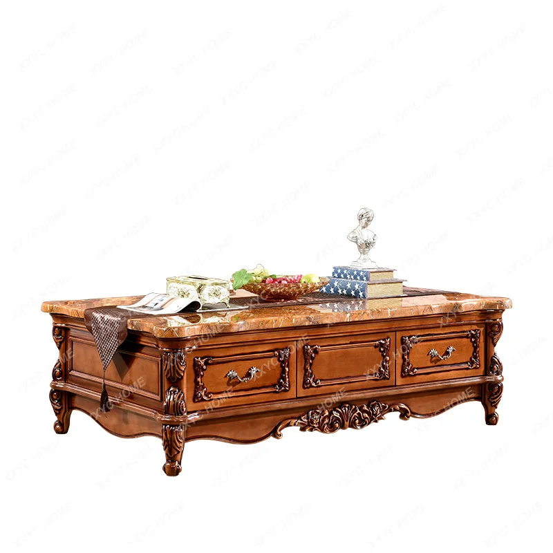 Marble European Coffee Table Dark French Wood Carved Vintage Tea Table