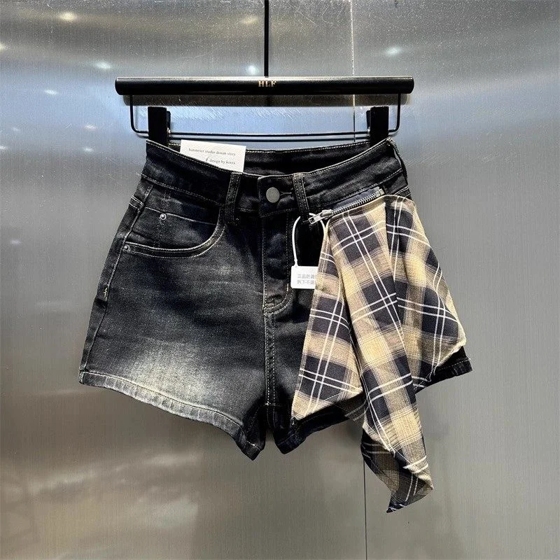 

Новые джинсовые шорты с сетчатыми вставками, весна-лето 2026, женские облегающие шорты А-силуэта, модные универсальные шорты с высокой талией для стильных девушек