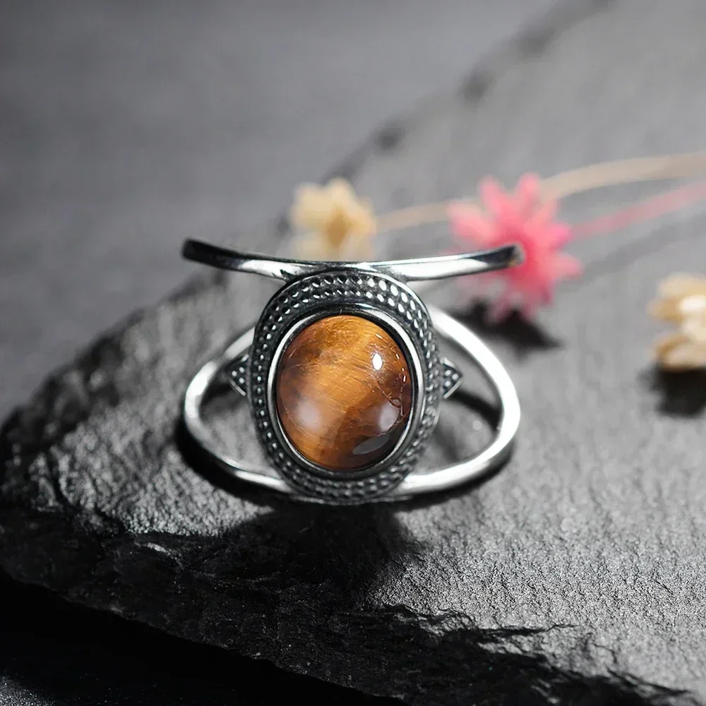 Oval Tiger Eye 925 Sterling Silver Natural Stone Ring Engagement Party Gift for Men Women Retro Jewelry