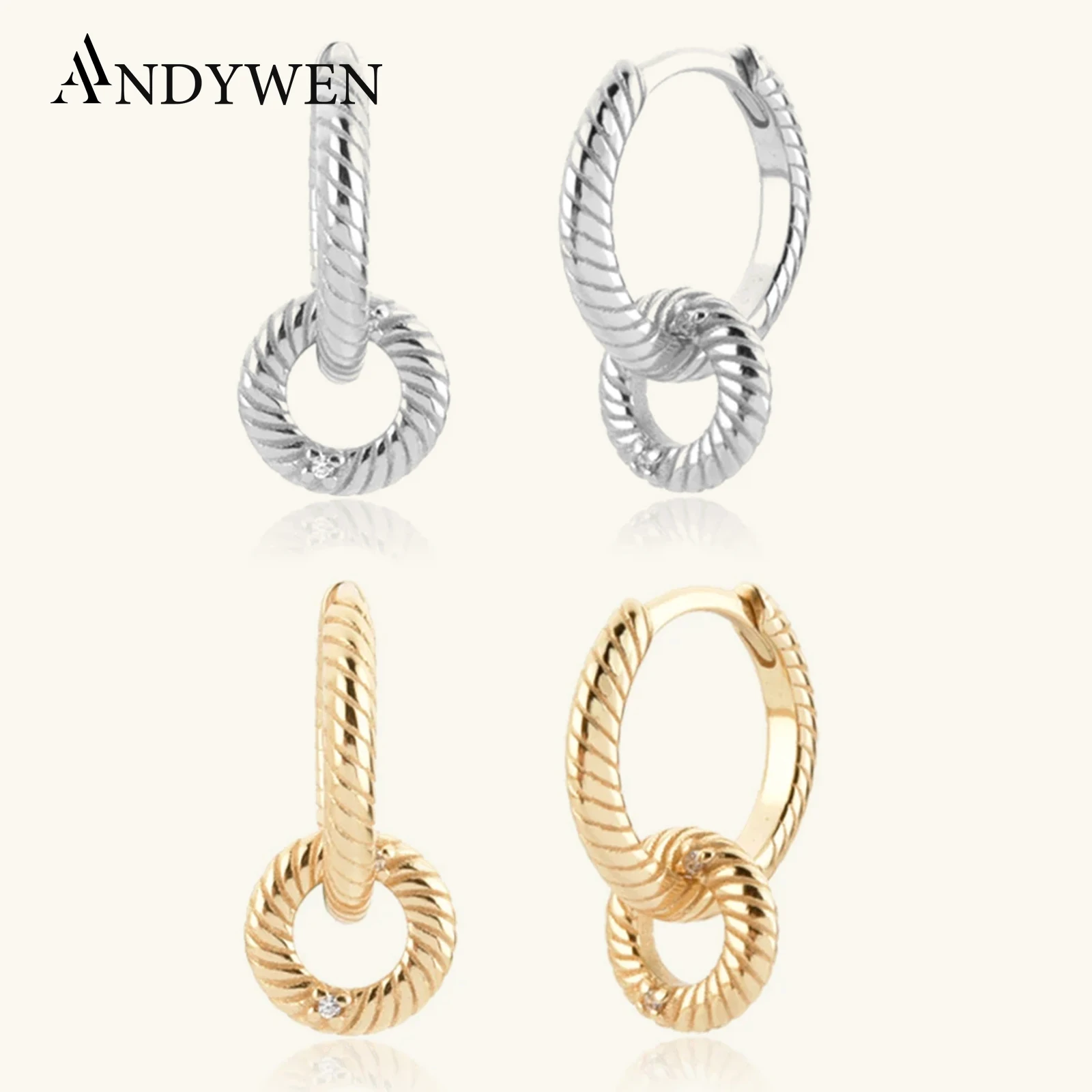 

ANDYWEN 925 Sterling Silver Gold 19mm Screw Circle Piercing Pendientes Drop Earring Luxury Jewelry 2021 Women Wedding Clips