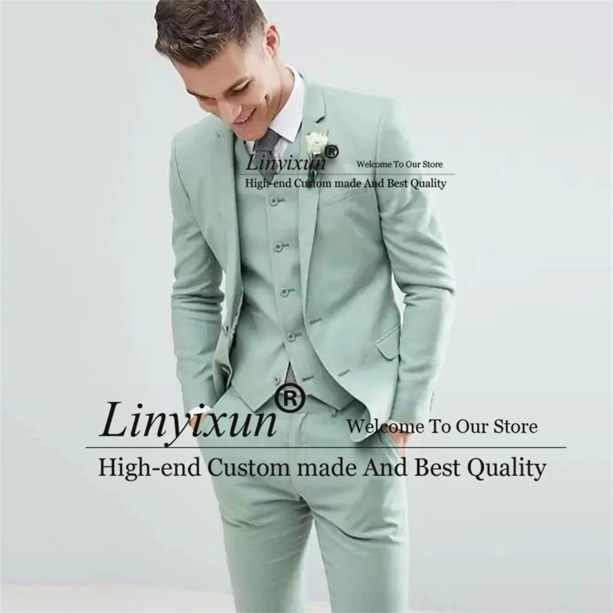 

Light Green Men Suits For Wedding Notched Lapel Groom Tuxedos 3 Pieces Sets Male Prom Blazers Pants Vest Slim Fit Costume Homme