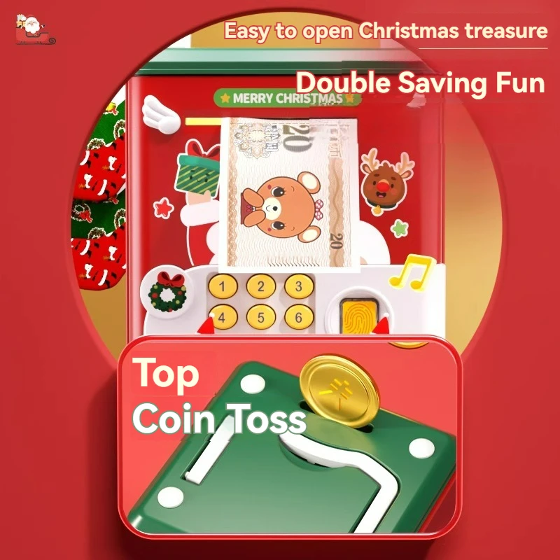 Christmas Piggy Bank Toy Electronic Mini ATM Savings Machine with Password & Fingerprint Unlocking Simulation Money Box Kid Gift