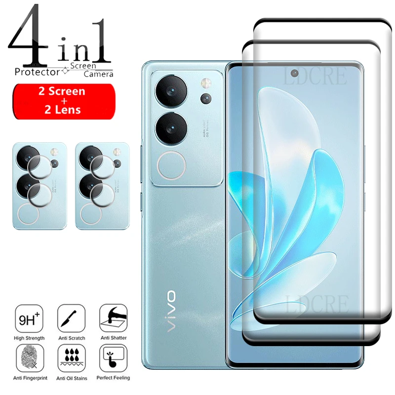 4-in-1 For Vivo V29 Glass For Vivo V29 Glass Phone Film Full Cover HD 9H Curved Screen Protector For Vivo V29 V 29 Lens Glass