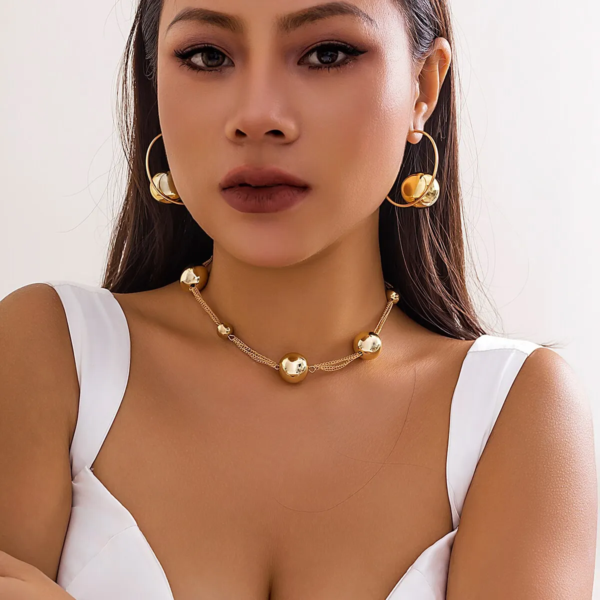 Punk Acrylic CCB Big Ball Bead Chain Necklace Drop Earrings for Women Vintage Chunky Clavicle Chain Grunge Jewelry Set Steampunk