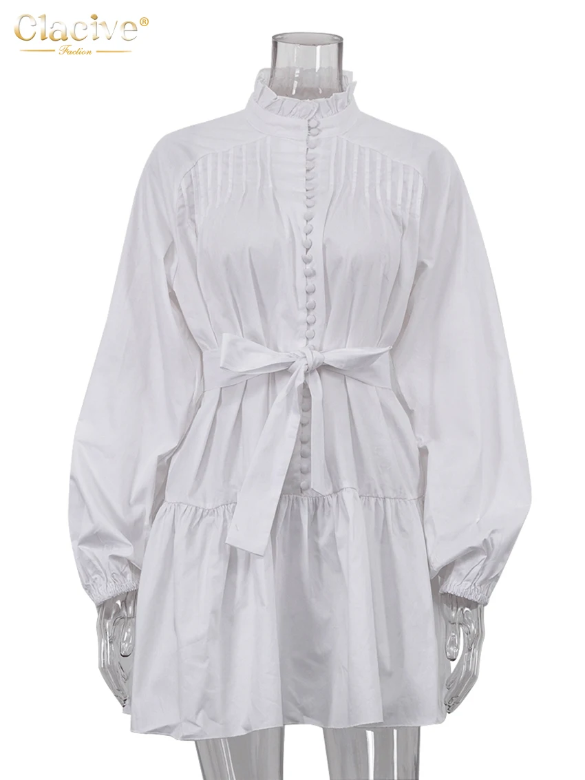 Clacive Fashion Loose White Cotton Dress Casual Stand Collar Puff Sleeve Mini Dress Elegant Lace-Up Pleated Dresses For Women