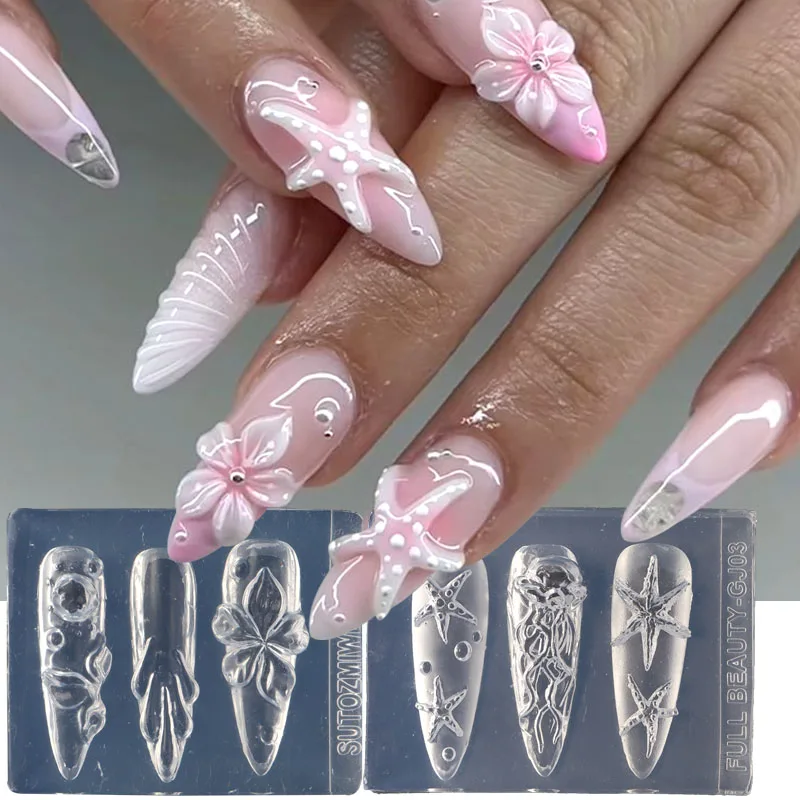 Summer Ocean Starfish Tropical Flower Nail Silicone Mold Cute 3D Shell Jellyfish Hibiscus Floral Carving Template Beach Nail Art