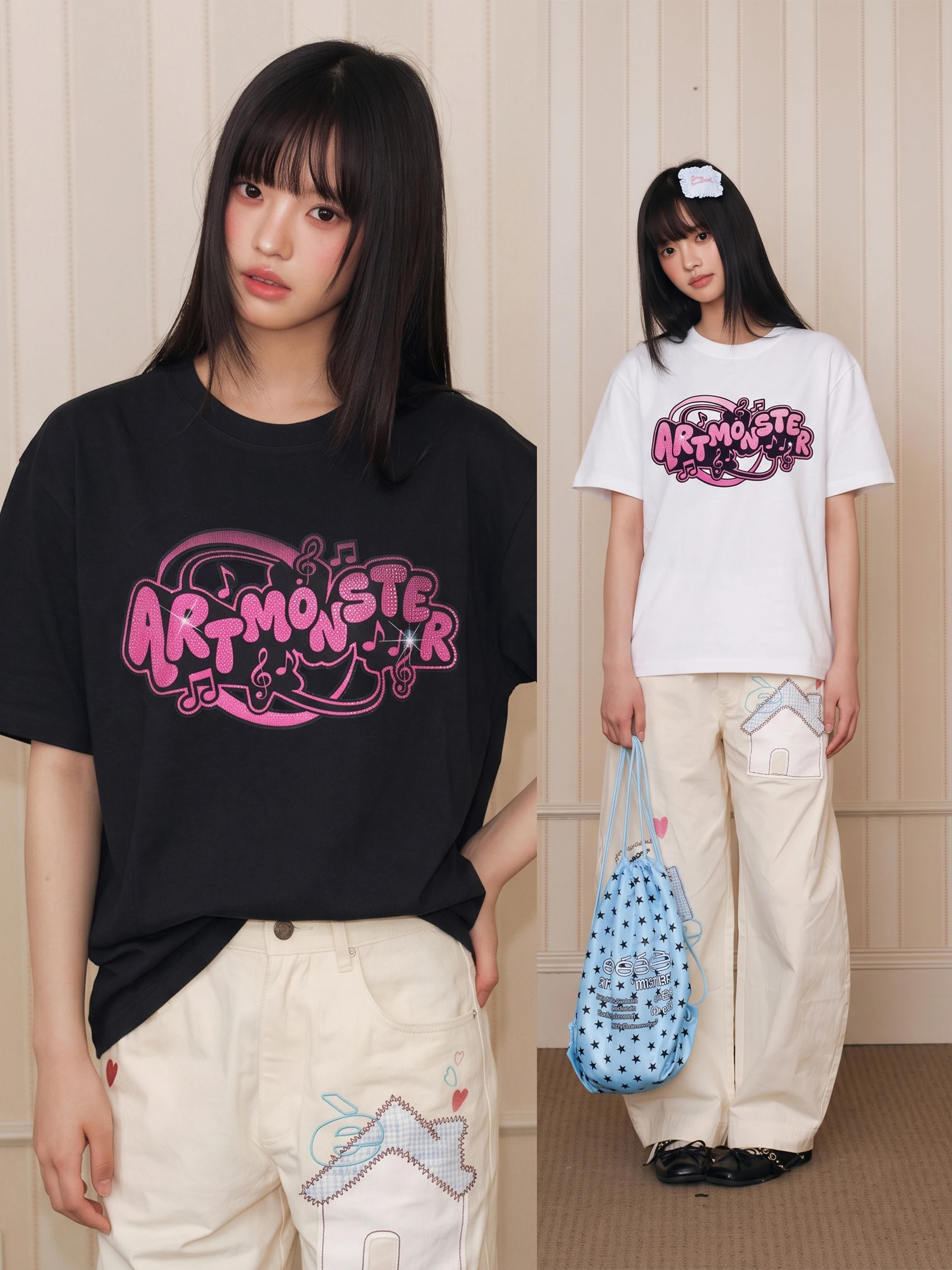 Dancing Space Eeee Street Creative Note Letter Print Short Sleeve Shiny Feel Rhinestone T-Shirt Summer Rock Style round Neck