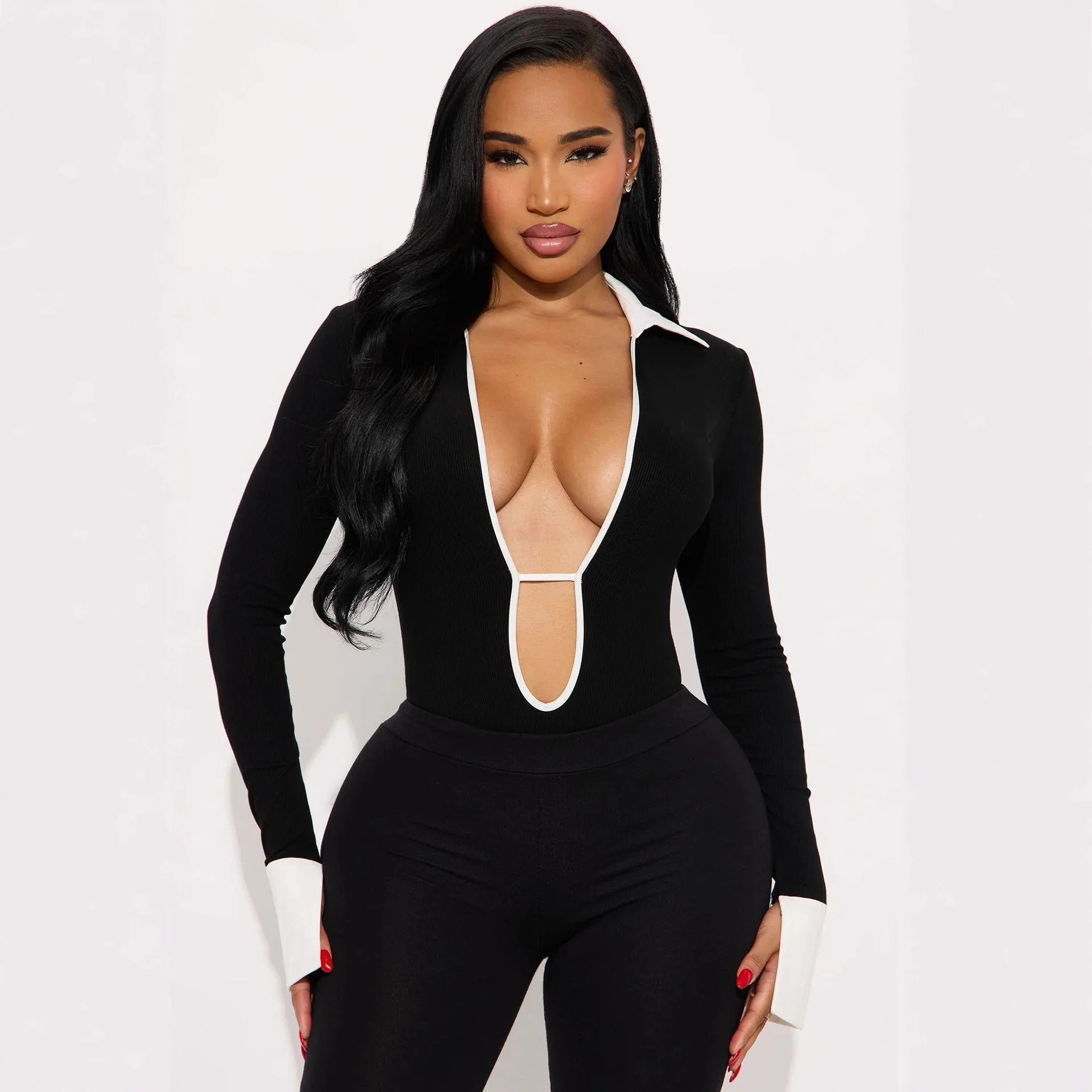 

New INS Fashion Contrasting Shirt Lapel Slim-fitting Sexy Hollow Seven-point Jumpsuit