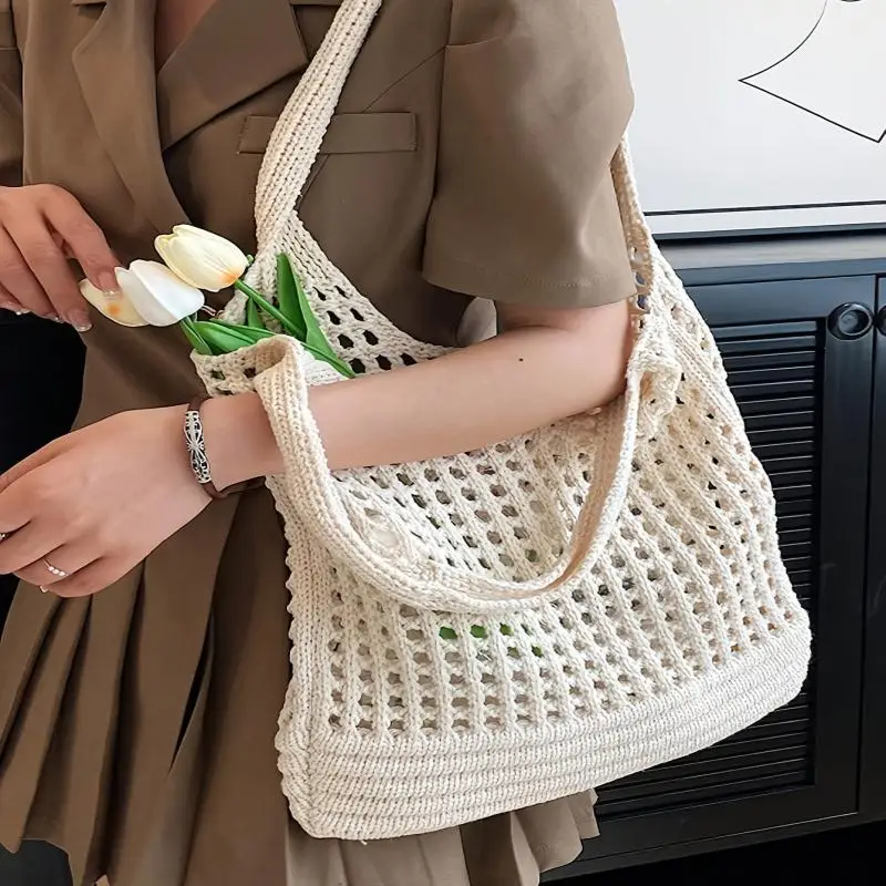 

Vintage Hollow Design Woven Women Shoulder Bag Knitting Large Capacity Handbags Summer Travel Shopper Tote For Ladies Beach Bags