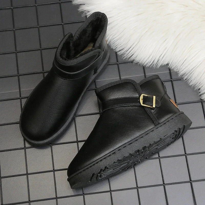 Men's Waterproof Leather Lightweight Black Fleece Lined Snow Boots