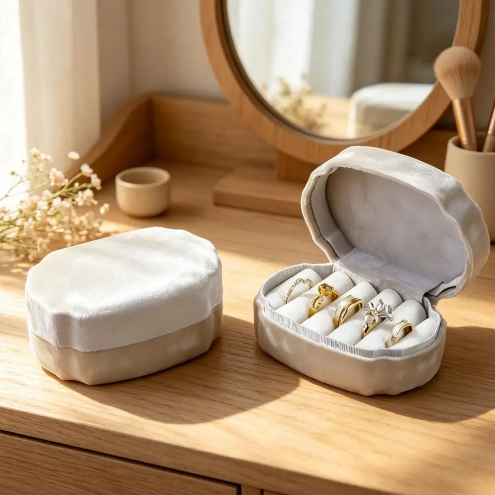 Velvet Ring Box for Proposal Ring Box for Ceremony Velvet Mini Ring Box with Multi Slots Organizer Oval Portable Jewelry Storage
