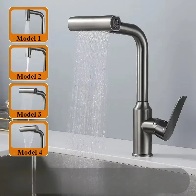 

Single Hole 360 Degree Rotatable Pull Out Kitchen Sink Mixer Tap Four Function Stream Sprayer Hot Cold Water Washbasin Faucet