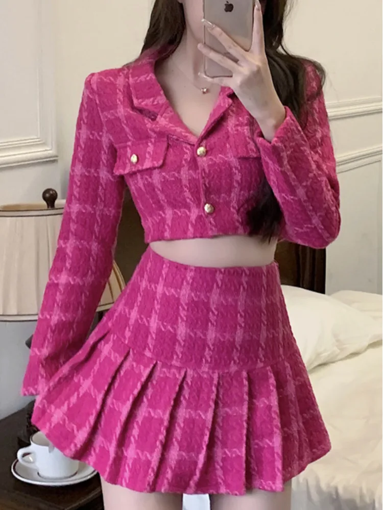 Woolen Short Jacket Coat and Mini Skirts Sets for Women, Vintage Tweed Suit, Small Fragrance, Crop Top, Sweet, Fall, 2 Pcs Suits