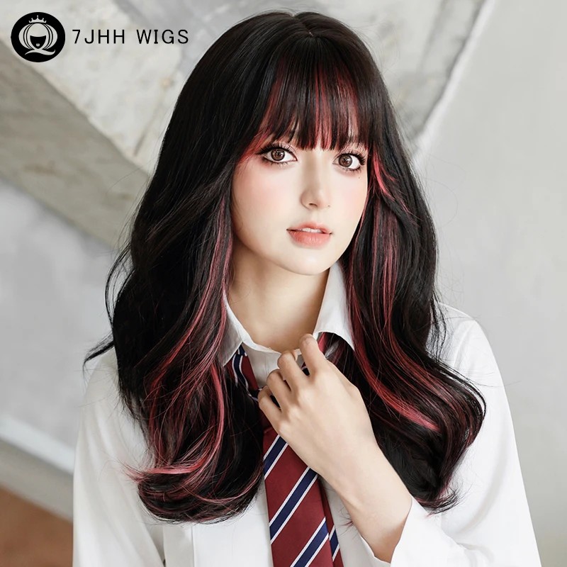 

7JHH WIGS Lolita Wig Synthetic Loose Wavy Black Highlight Pink Wig for Women Daily Use High Density Curly Black Wigs with Bangs