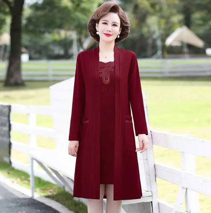 Middle-aged Female Dress Two-piece Suit Spring Autumn High-end Elegant Dress Women\'s Embroidered Dress Set 5XL