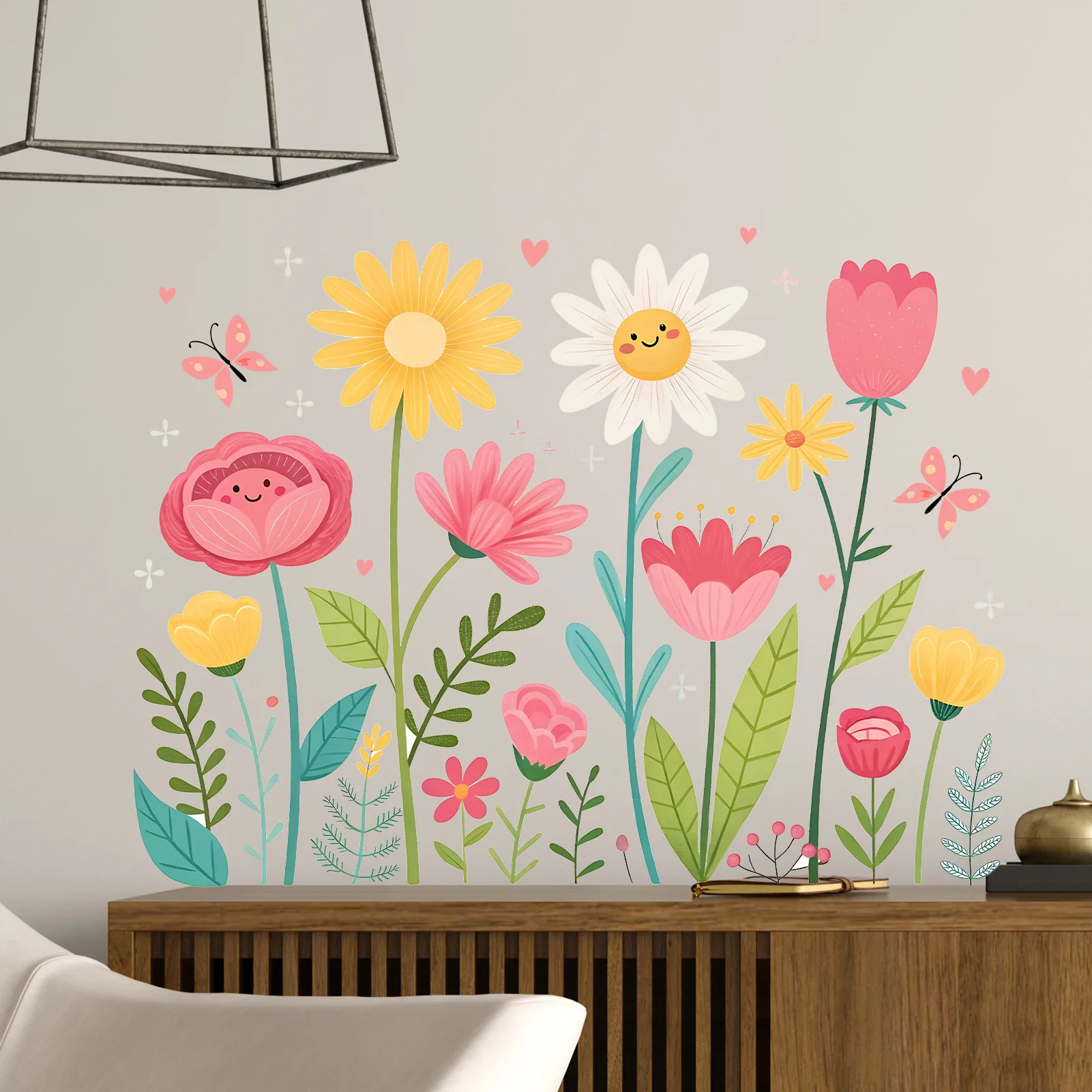 Cute Floral Garden Wall Decal, Colorful Flowers with Smiling Sun & Butterflies Removable Kids Nursery Sticker