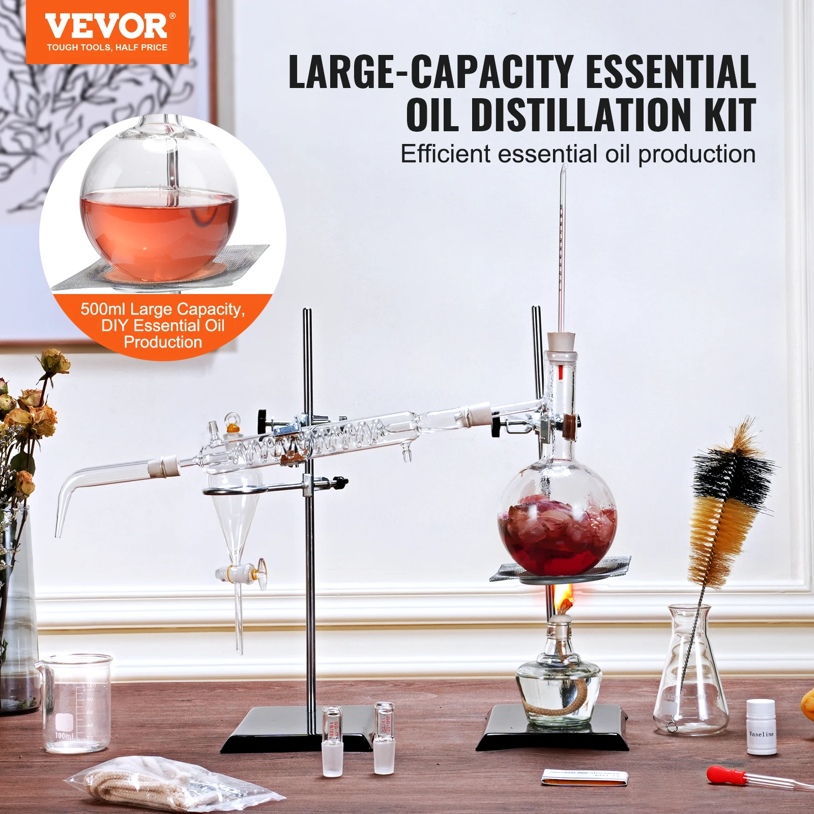 VEVOR Essential Oil Distillation Kit 500/1000ML Distillation Apparatus 3.3 Boro Lab Glassware Kit with Alcohol Lamp 24/40 Joint