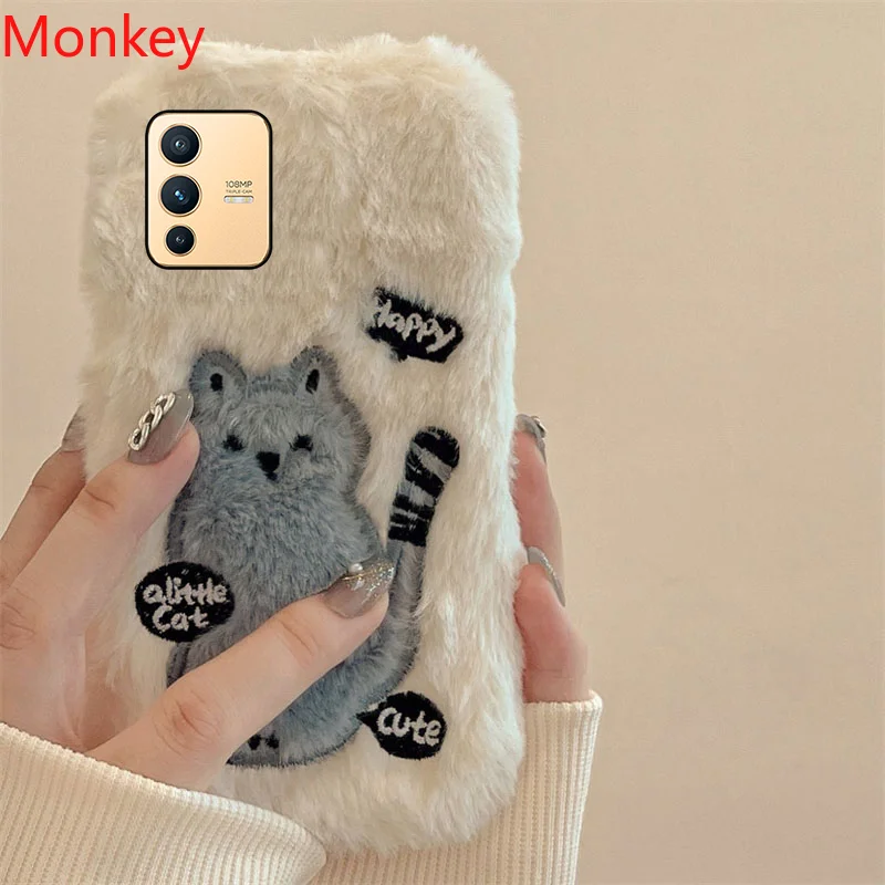 Korean Cute Cat Fur Fluffy Phone Case For VIVO Y35 Y15S Y76 Y33S Y22 Y21 Y20 Y16 Y12A V25 V23 V21 V20 Girl Gift Cover Soft Shell
