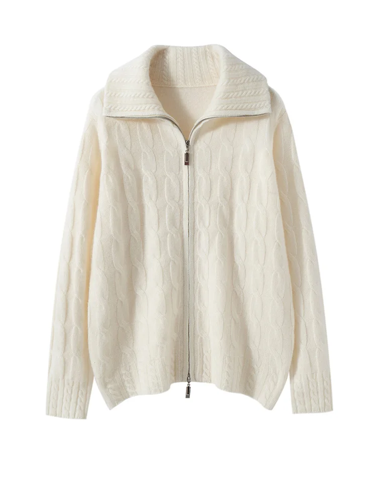 

Thick Turn Down Collar Sweater Autumn Winter Cable Stitch Zipper 100% Cashmere Knitted Pullover Retro Grace Casual Clothing Tops