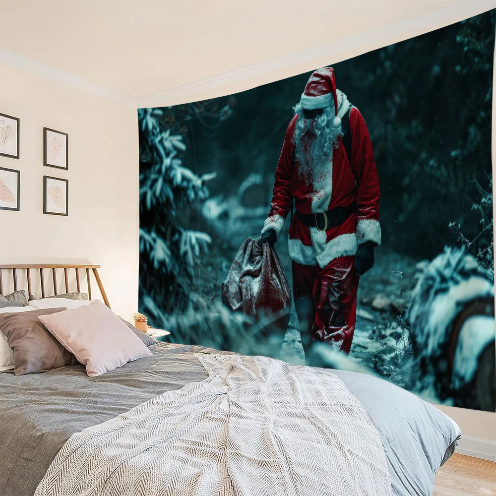 

Santa Claus in the forest, tapestry wall hanging, Christmas party background poster, Christmas tree, fireplace, home decoration