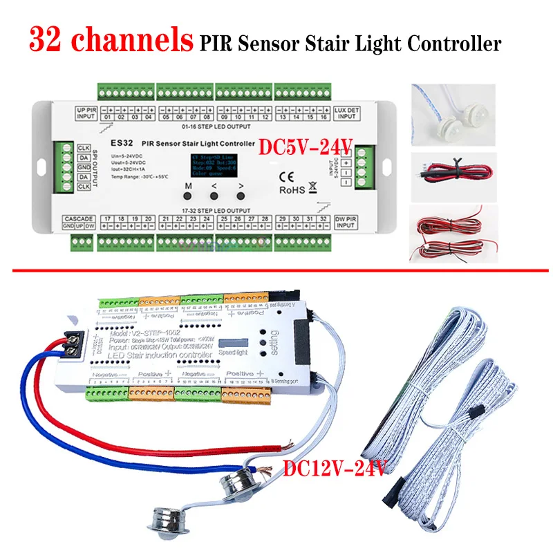 

32 channels PIR Sensor Stair Light Controller low voltage 12V-24V controller /ES32 2CH RGB Pixel SPI LED Strip Dimmer 5V-24V