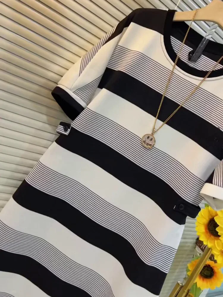 T-shirt ample ort Sve Dr Thin Age-Defng pour femmes, jupe mi-longue rayée ronde, taille haute, printemps été