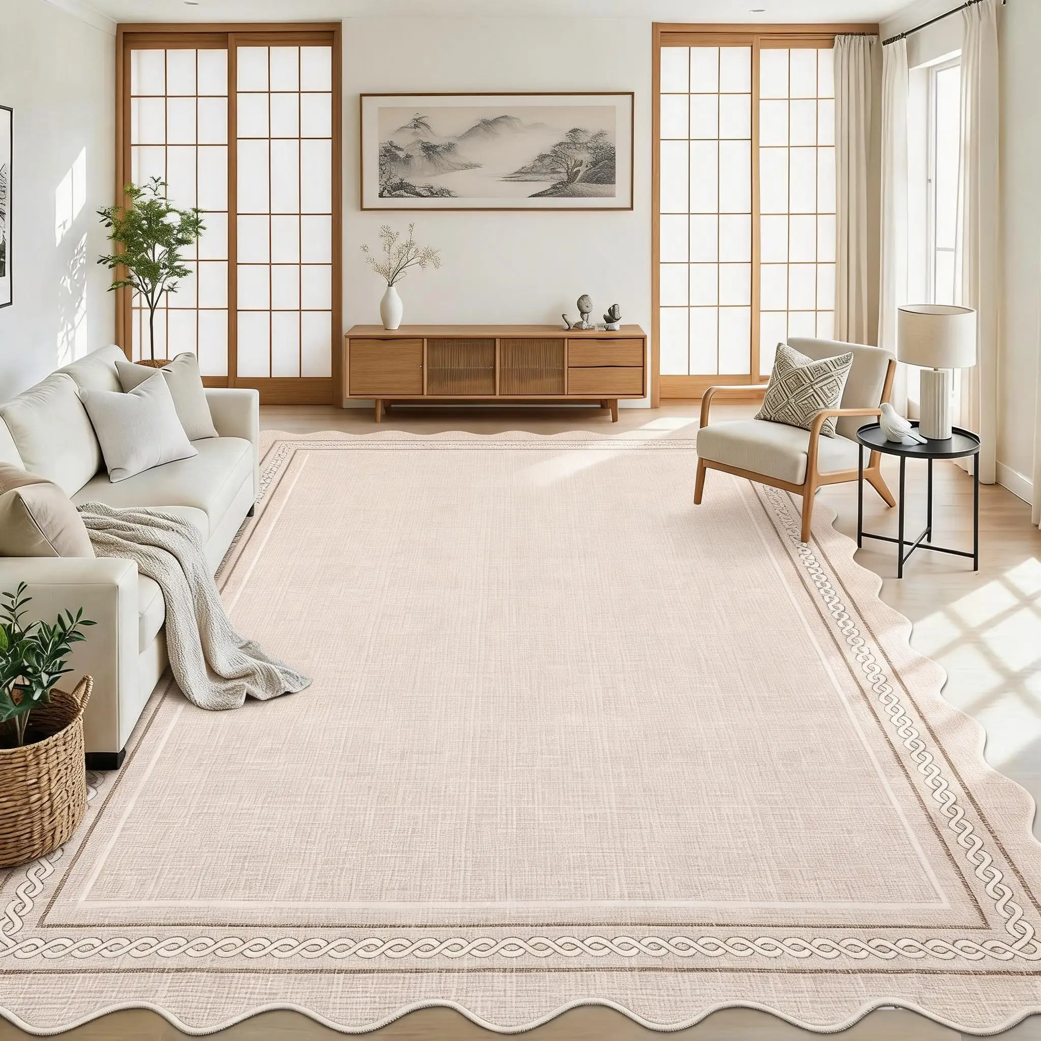 Scalloped Washable Area Rug  Non-Slip  Low-Pile  Mark Resistant Runner for Entryway  Kitchen  Hallway Bedroom Living Room  Beige
