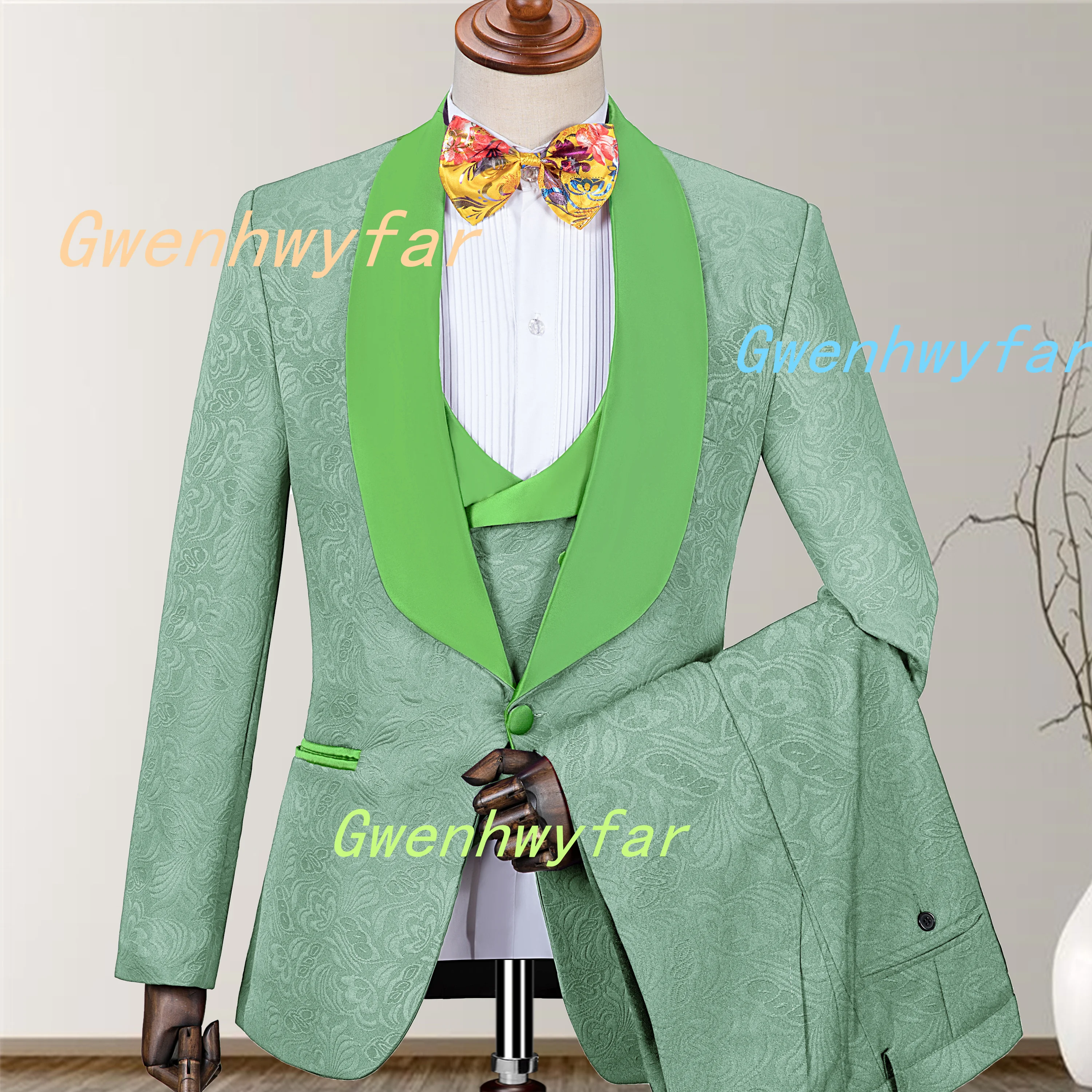 Nina Store 2025 Mint Green Paisley Jacquard Suit 3-piece Elegant Men's Ball Tuxedos Wedding Suit Groomsman Costume Satin Lapel